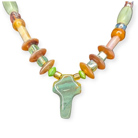 Multicolor Stone Beaded Necklace with Cross Pendant Hook Closure - Picture 3 of 11